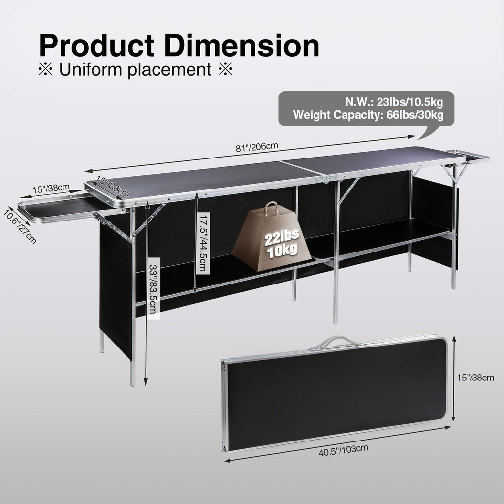 Folding Portable Bar Table with Side Rack, Black 111"x33"x15"