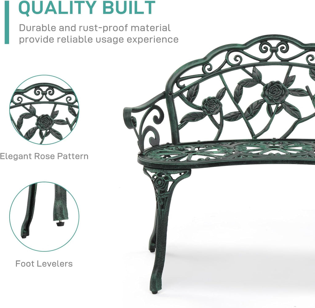 Outdoor Metal Patio Bench, Vintage Porch Bench with Rose Pattern and Curved Legs, Weather Resistant Garden Chair for