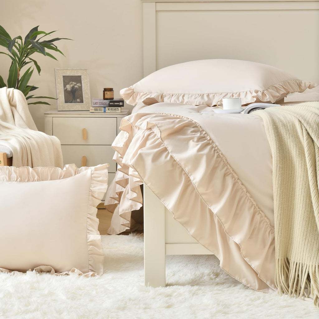 Beige Comforter Set, 3Pcs Comforters Ruffle Farmhouse Bedding Sets with Comforter, Lightweight Soft