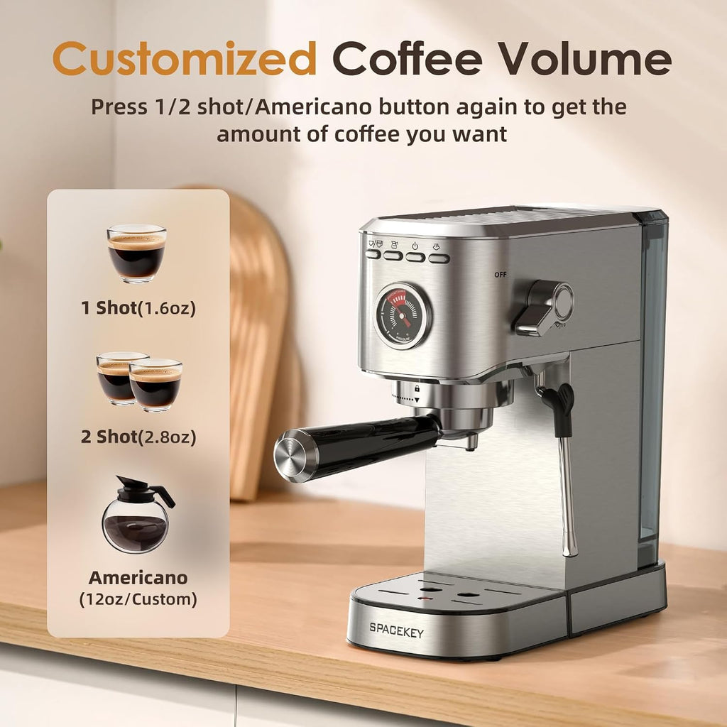 Espresso Machine with Milk Frother, 20 Bar Compact Expresso Coffee Machines , Stainless Steel Espresso Maker with