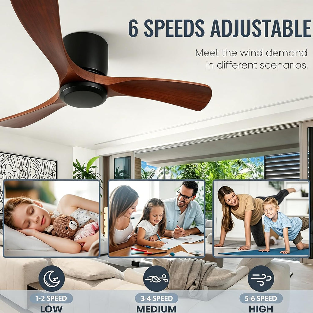 42 Inch Wood Ceiling Fan Without Light - Flush Mount, Remote Control, 3 Blade 6-Speed Reversible DC Motor, Noiseless Timer A101-B0GZNFXZKP