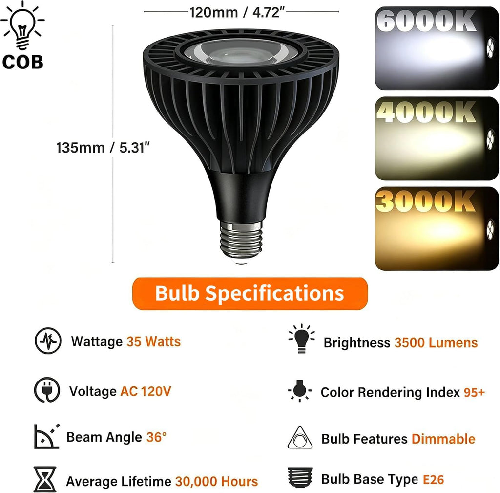PAR38 LED Flood Light Bulb Dimmable, 35W 3300 Lumens 300W Equivalent 6000K Cold White, COB LED Outdoor Spotlight,E26