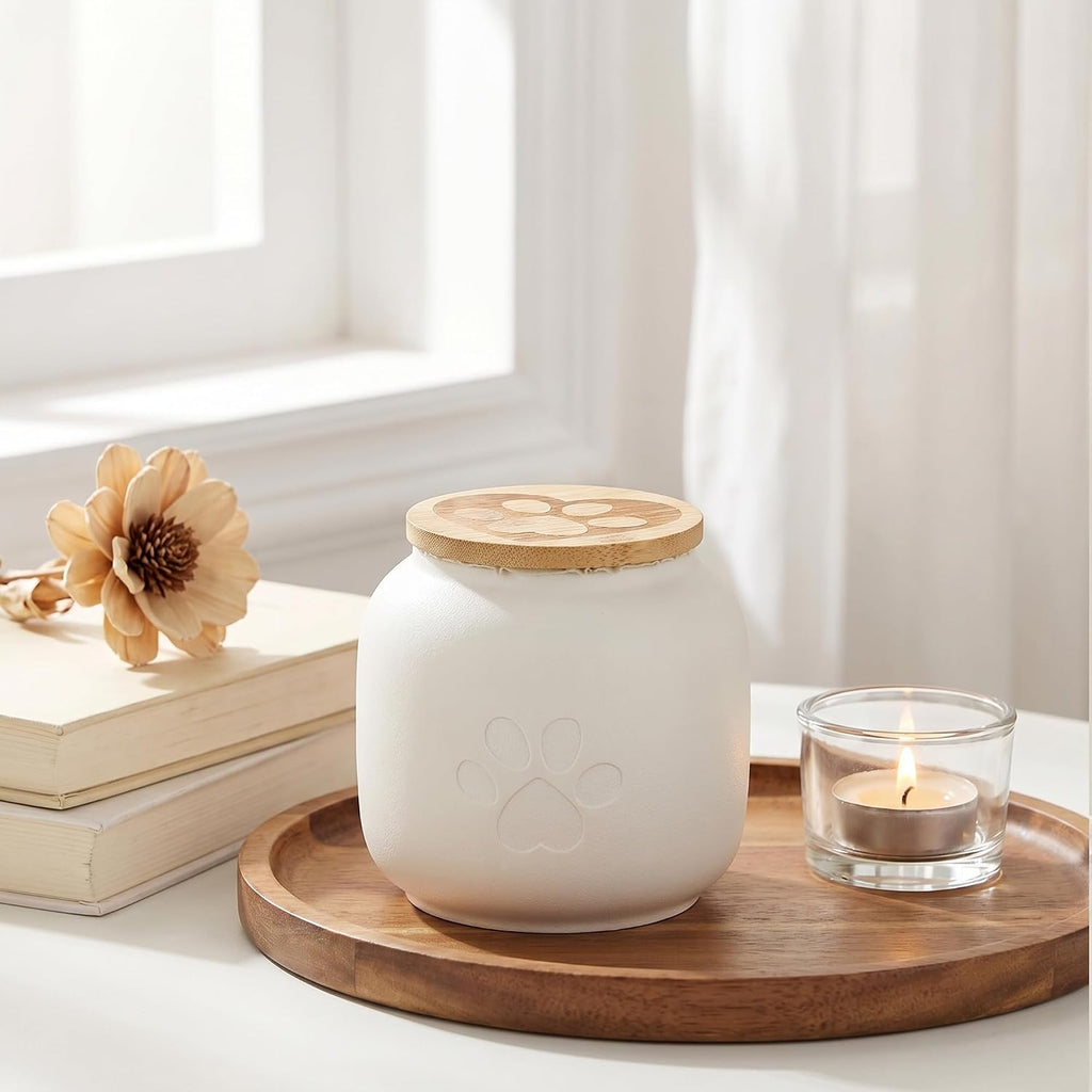 Small Pet Urn for Ashes, Cremation Memorial Urns for Cats & Dogs, 3.7"x4.1" White Ceramic Paw Design Keepsake Jar