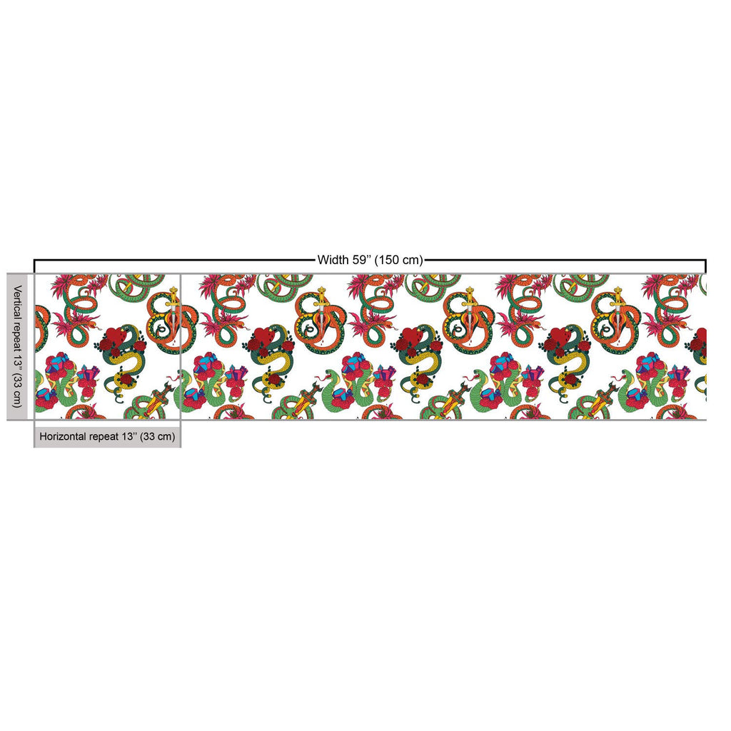 Dragon Fabric by The Yard, Colorful Traditional Reptiles Flowers and Historic Items Japanese Ornaments Pattern