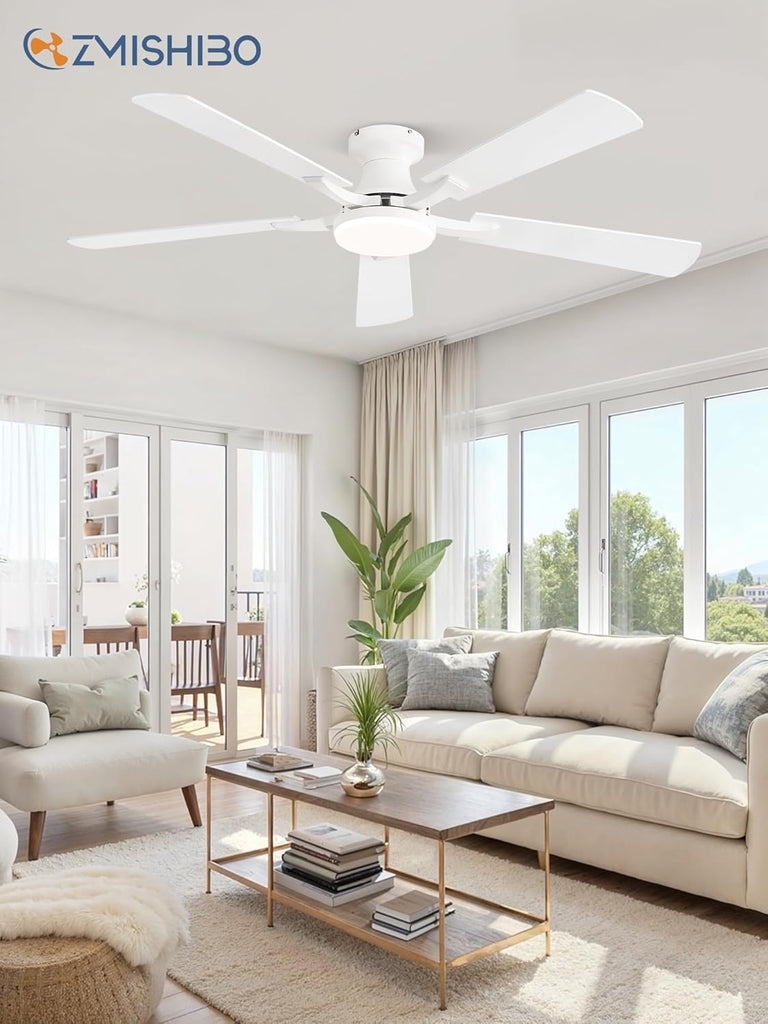 52 Inch Ceiling Fan with Light, App&Remote Control, Flush Mount Low Profile, Dimmable 20W LED Light, Quiet Reversible Motor for Bedroom, Living Room, Apartment, White A101-B0DPH9L7M1