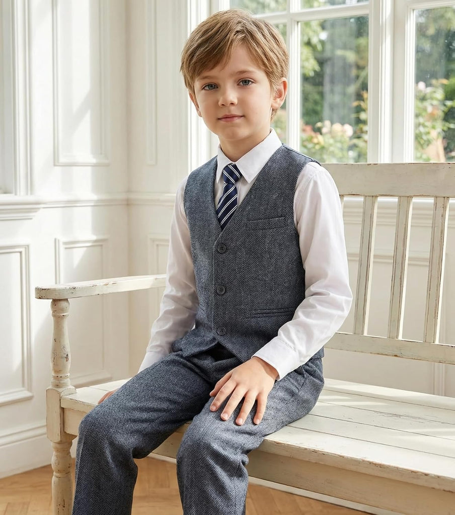 Boy's Suits Tweed Herringbone 5 Piece Tuxedo Wedding Suit for Kids with Tie