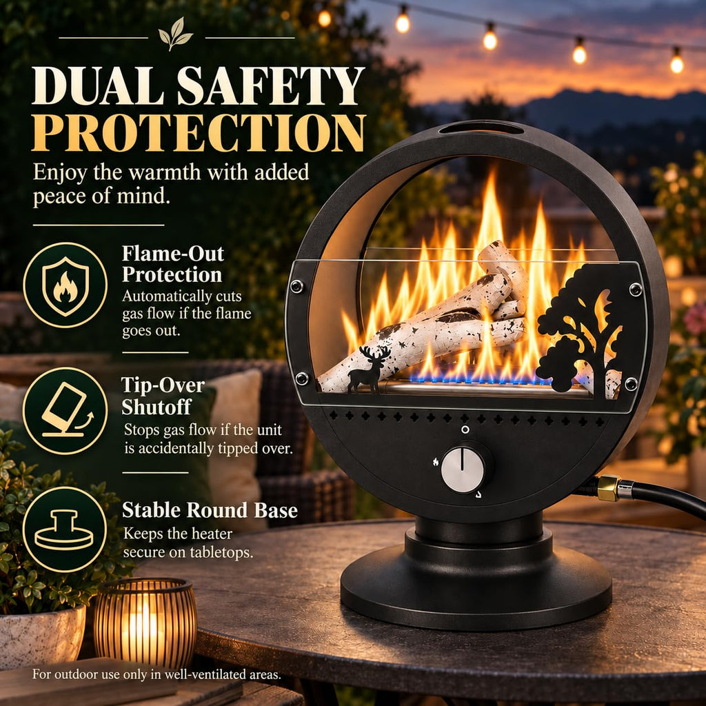 Tabletop Propane Fire Pit Heater, 10000 BTU Portable Outdoor Patio Heater with Ceramic Fireplace Logs, Glass Wind