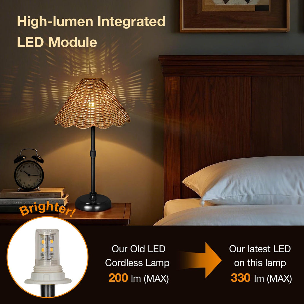 Cordless Boho Rattan Table Lamp Black, 5200-mAh Rechargeable Battery, 3-Level Brightness Dimmable, Build