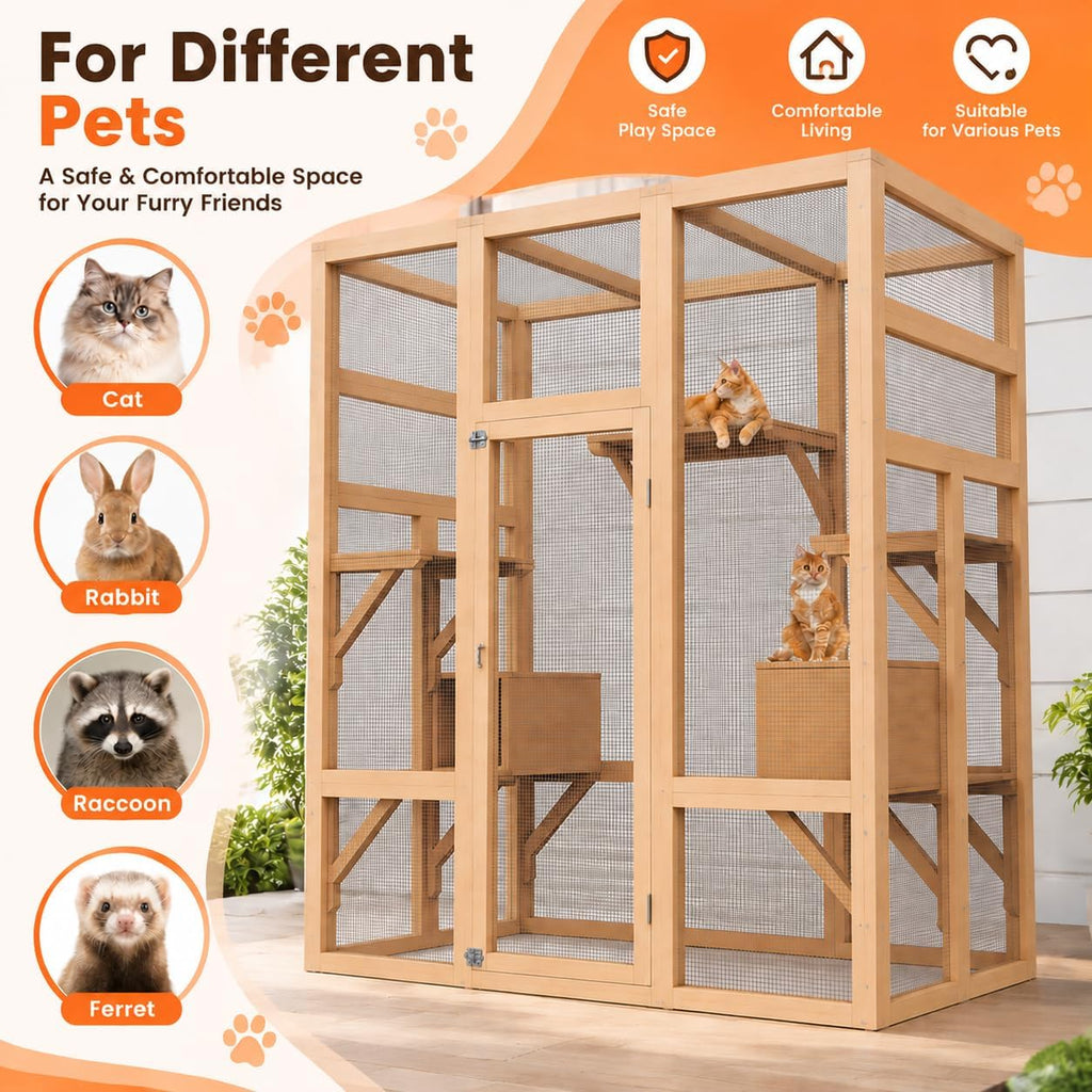 70" Large Catio Indoor Cat Enclosure, Wooden Patio Cat House, Natural