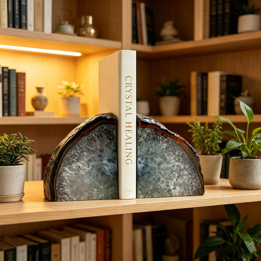 Natural Agate Geode Bookends - 3 to 4 lb Heavy Duty Rock Crystal Stone Book Ends for Shelves, with Rubber Bumpers