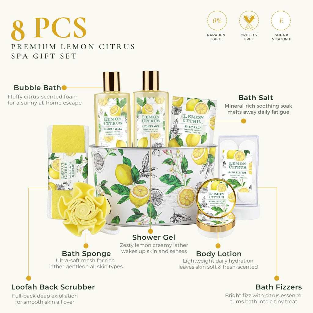 Lemon Bath Gift Set for Women, Spa Gift Basket & Self Care Birthday Gifts