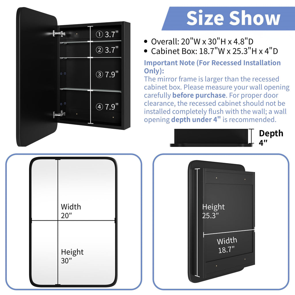 Medicine Cabinet with Black Metal Frame Mirror, Overall 20"x30"