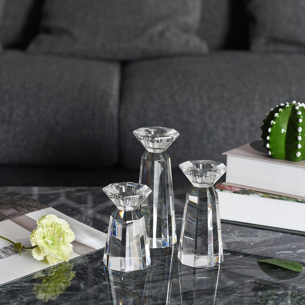 Crystal Tapered Candle Holders Crystal Candlestick Home Tabletop Decorations Pack of 3, Comes with Gifted Box