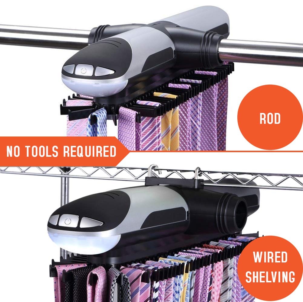 Motorized Tie Rack Closet Organizer with LED Lights Includes J Hooks for Wired Shelving Or Rod Stores Up to 72 Ties &