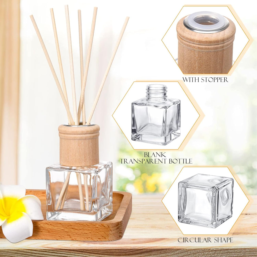 Set Reed Diffuser Bottles 50ml Glass Wooden Caps Rattan Sticks - Set of 4