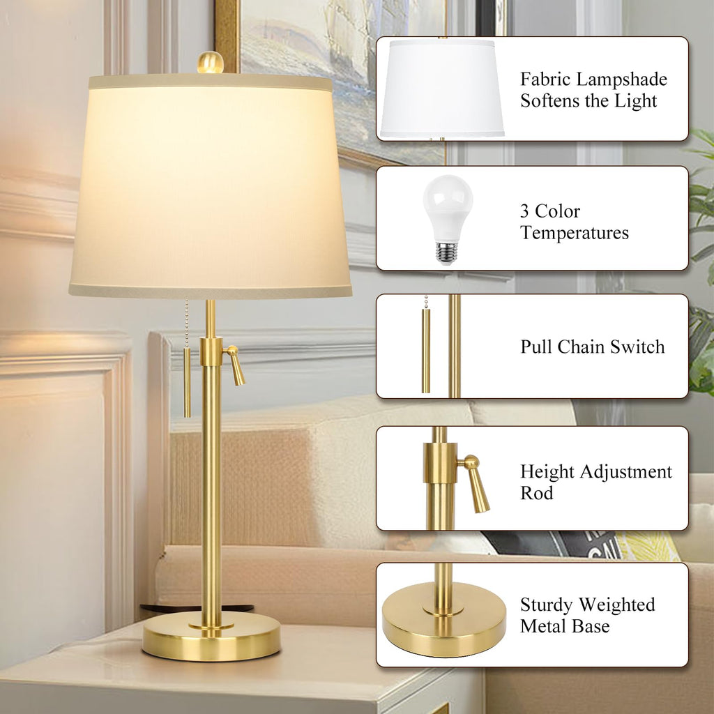 2 Pack 22"-30" Adjustable Height Table Lamps Set, Modern Gold Table Lamps with White Shade 3 Colour Temperature Pull