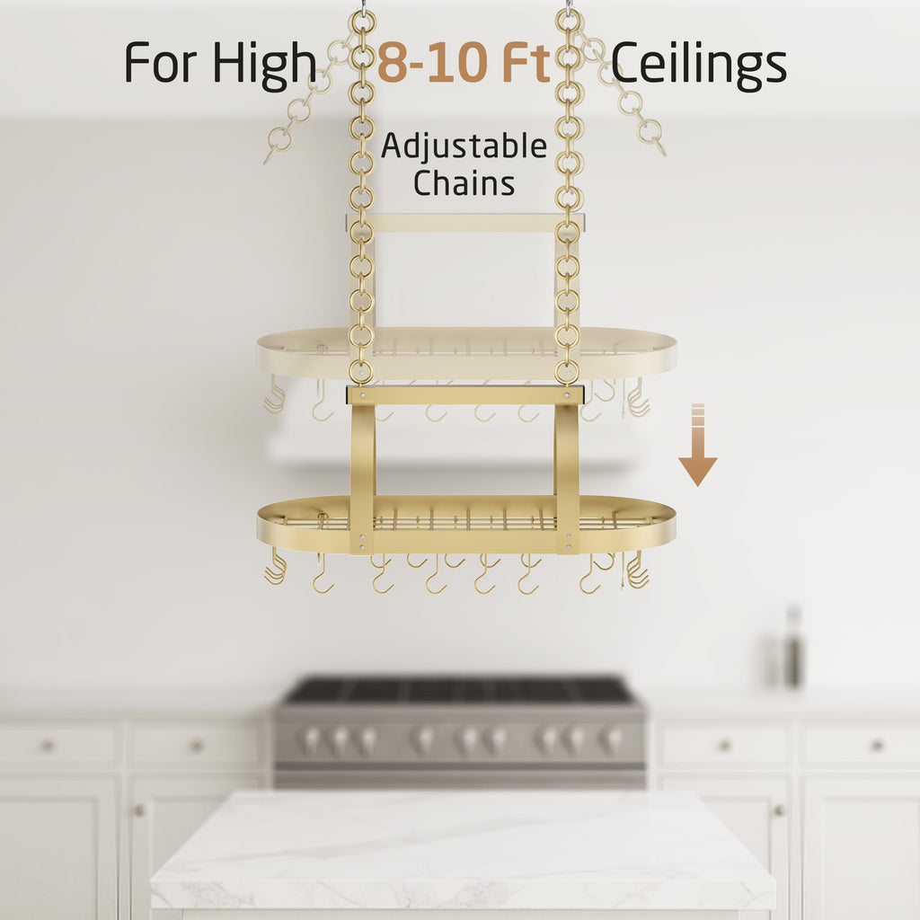 Gold 34 Inch Hanging Pot Rack, 100 LBS Capacity Heavy Duty Oval Pot and Pan Hanging Rack Ceiling Mount, Pot Pan