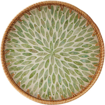 Round Rattan Tray with Mother of Pearl Inlay, Rattan Serving Tray with Wooden Base, Decorative Wicker Basket for