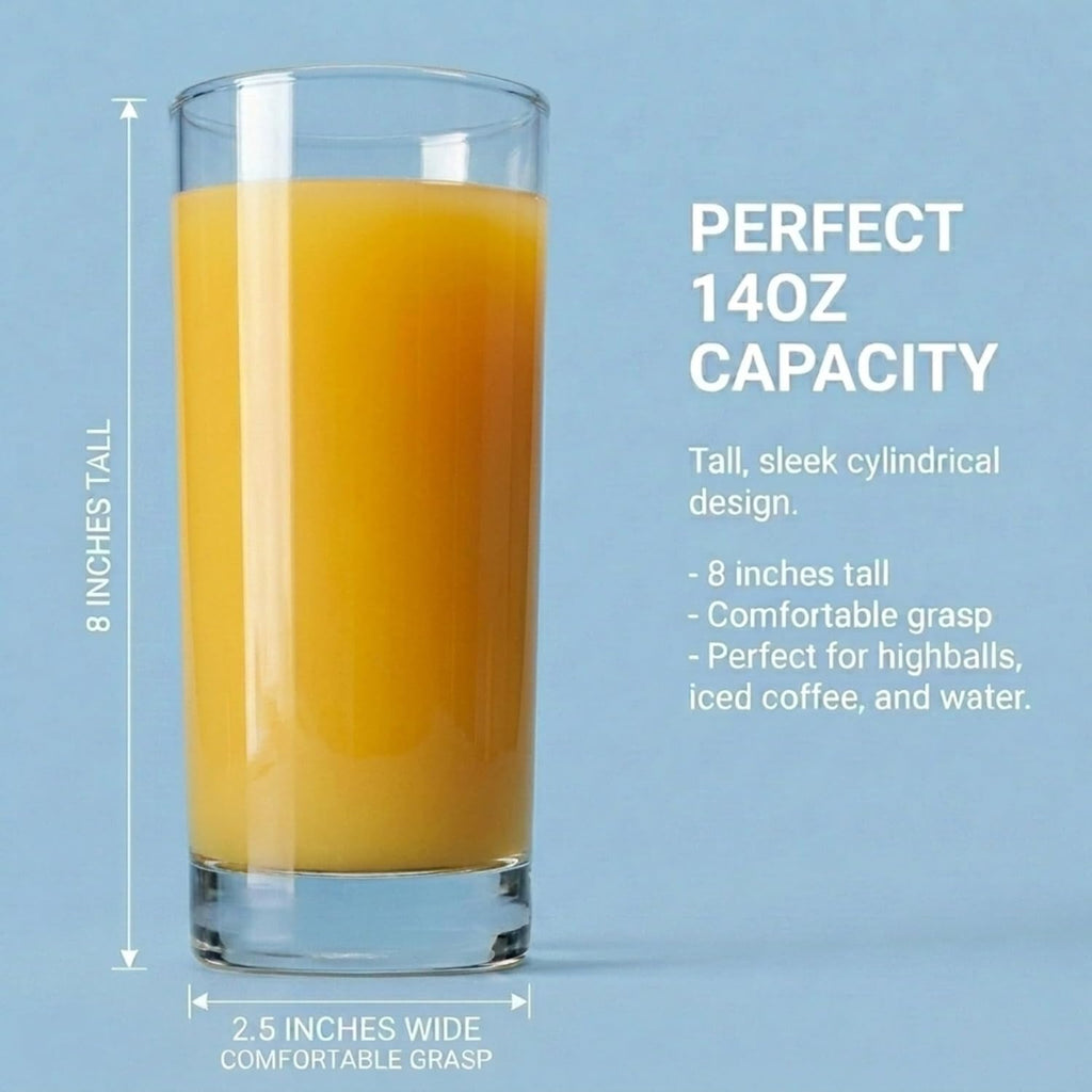 Highball Drinking Glasses, Italian Made Tall Glass Cups, Water Glasses Drinking Set, Cocktail Glasses - 14oz, Set of