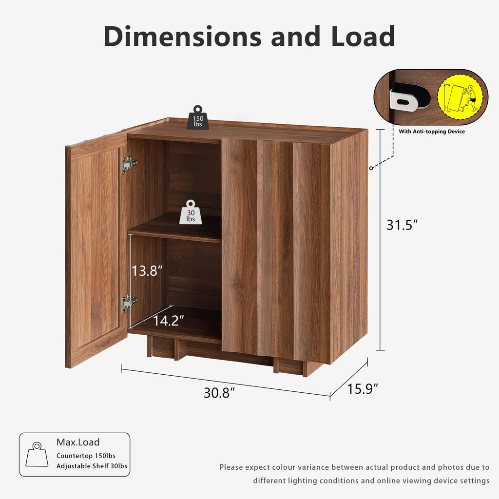 30.8" Sideboard Buffet Cabinet with Storage, Walnut, Wave Design