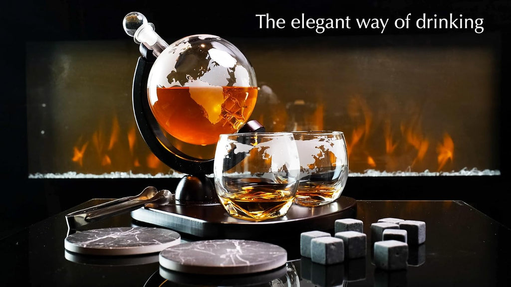 Whiskey Decanter Globe Set with 2 Etched Globe Whisky Glasses | Liquor Decanter | Whiskey Stones, Ice Tong, Funnel - Set of 10