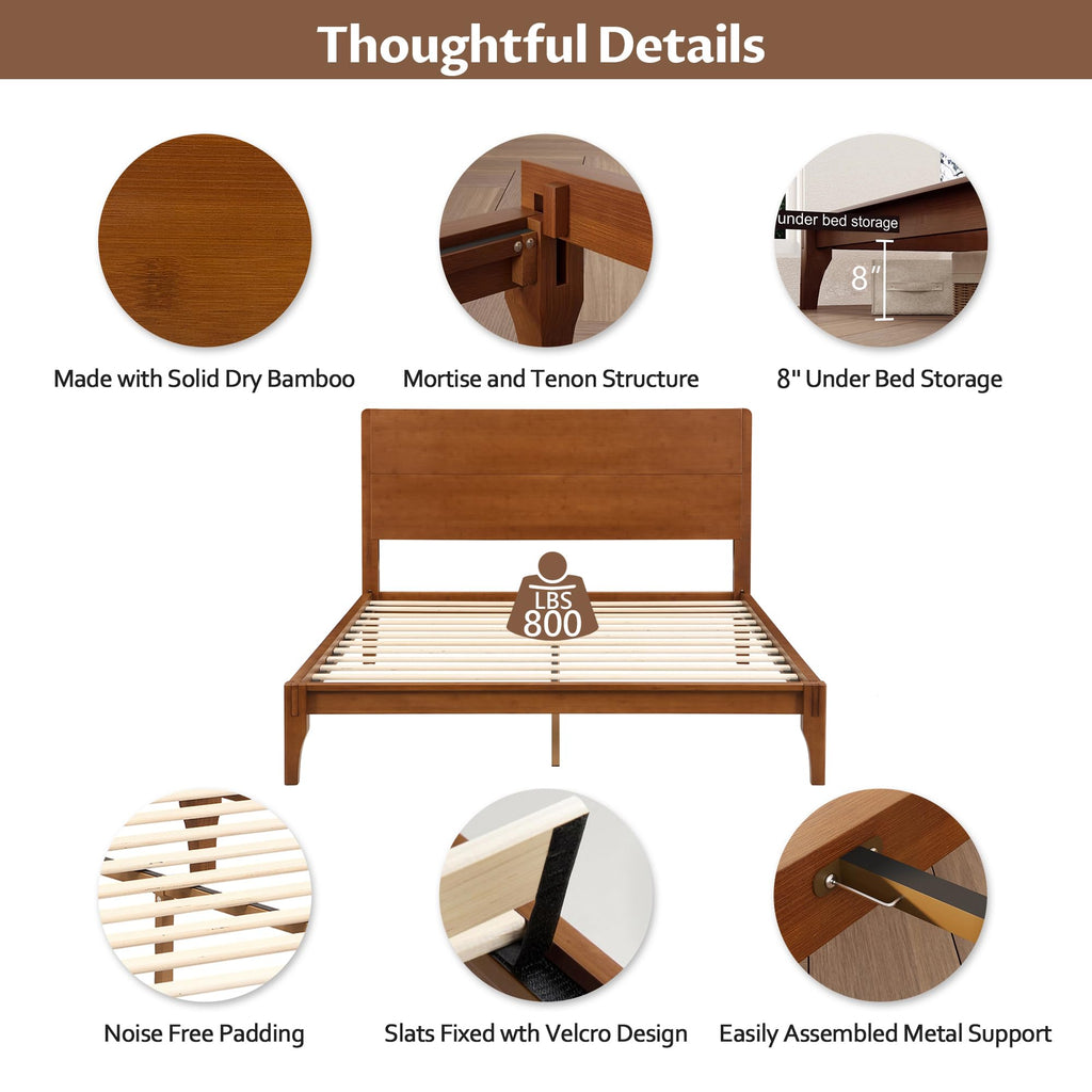 King Size Bamboo Platform Bed Frame with Tall Headboard, Brown