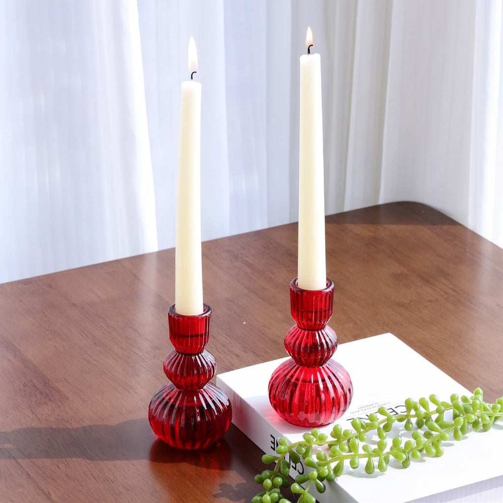 3pcs Red Taper Candle Holders Glass, Candlestick Holders for Christmas