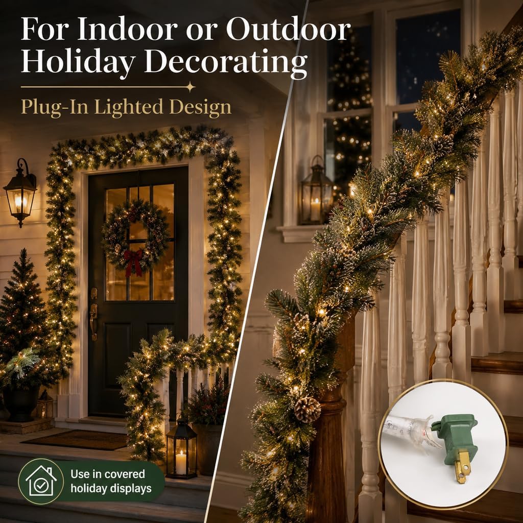 Pre-Lit Christmas Garland, Artificial Holiday Garland with 50 Plug-in Lights, Pine Cone Decorations for Fireplace