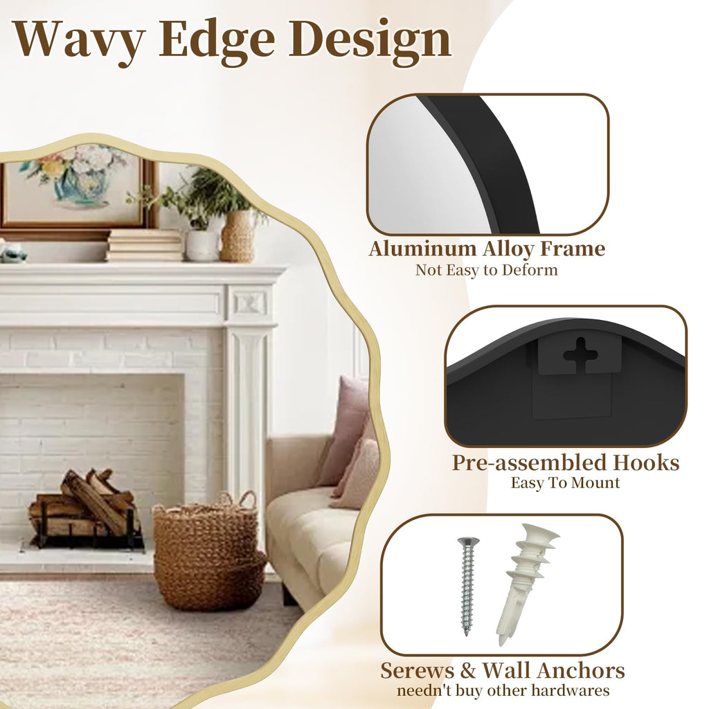 28" Wavy Round Wall Mirror, Gold Scalloped Circle Mirror Edge Round with Metal Frame, Modern Decorative