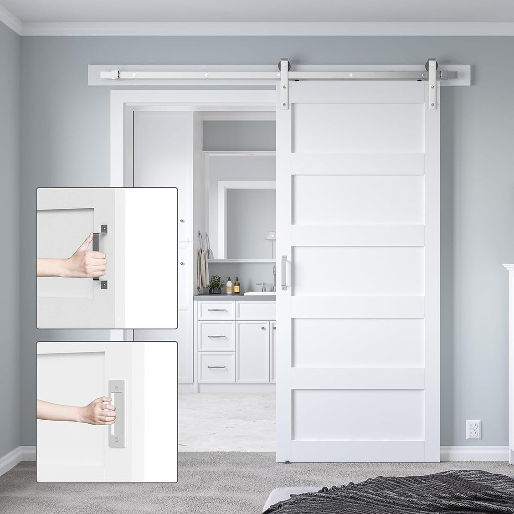 36in x 84in White Sliding Barn Door with 6.6ft Brushed Nickel Hardware Kit & Handle - 5-Panel, Water-Proof PVC