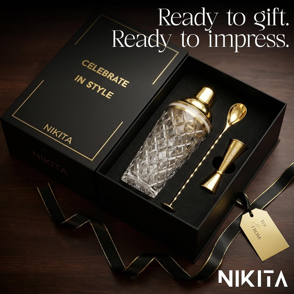 Nikita Cocktail Shaker, 5-Piece Martini Shaker & Bartender Kit with Bar Accessories Strainer, Jigger, Spoon & - Set of 5