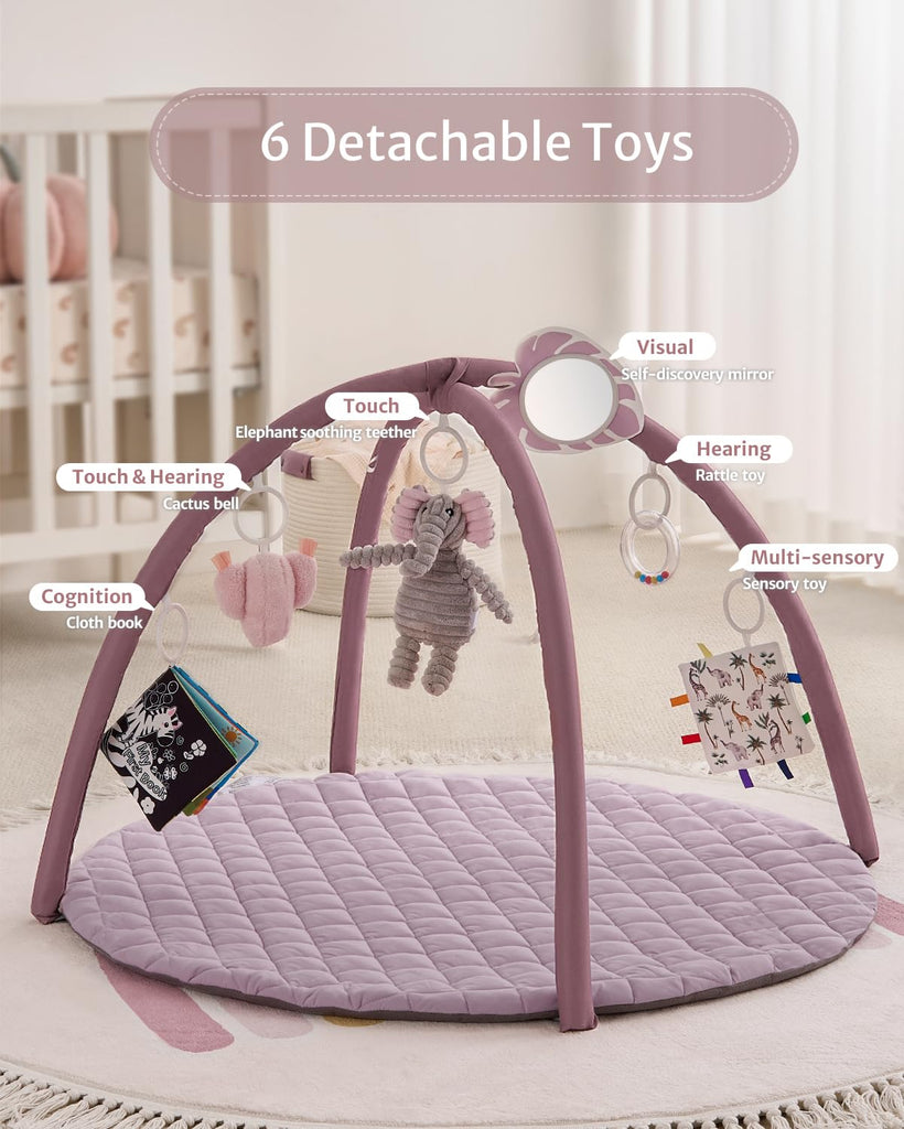 Play Gym Mat, Tummy Time Activity Mat with 6 Detachable Toys for Stage-Based Sensory & Motor Skill Development, Easy