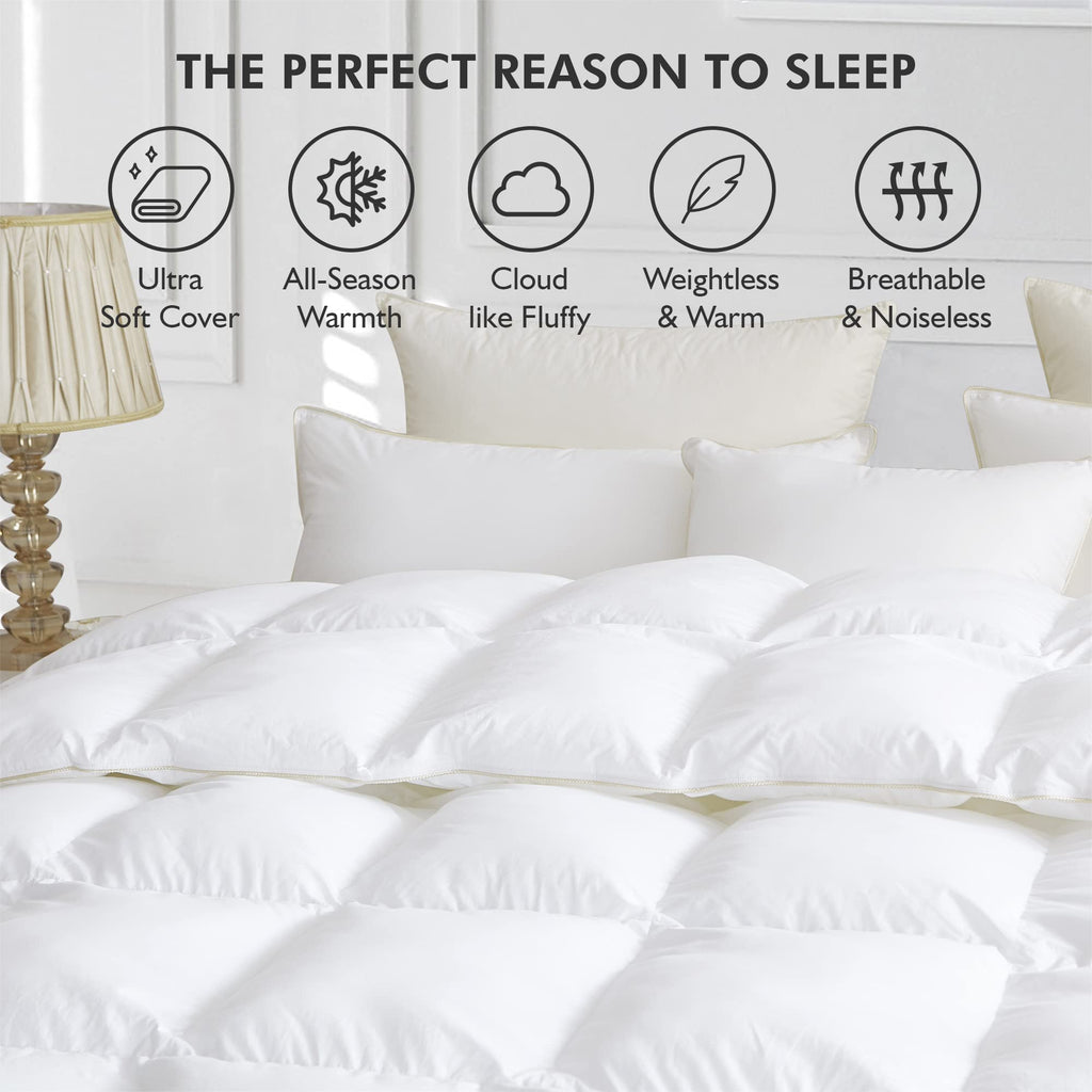 Luxurious White Solid Medium Weight, Queen Size Goose Feathers Down Comforter for All-Season Weather Duvet Insert