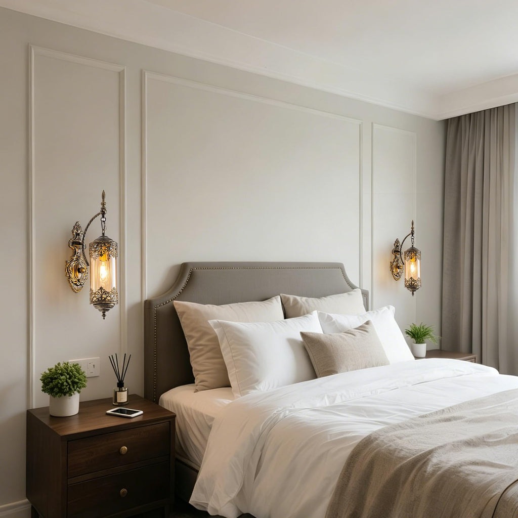 Antique Gothic Amber Glass Wall Sconce, 2-Pack