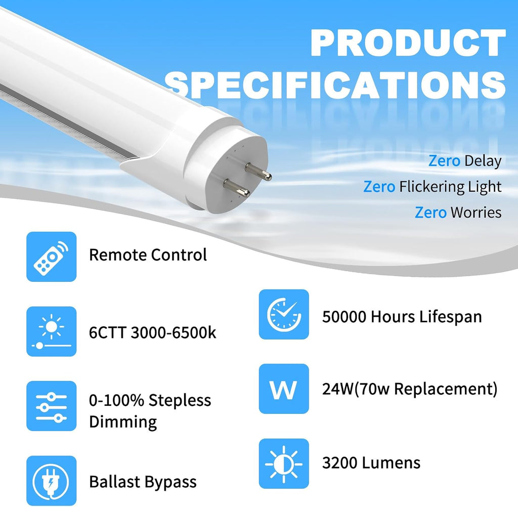 T8 Dimmable LED Tube Light with Remote, 3200LM 24W 6CCT Type B, 4Pack