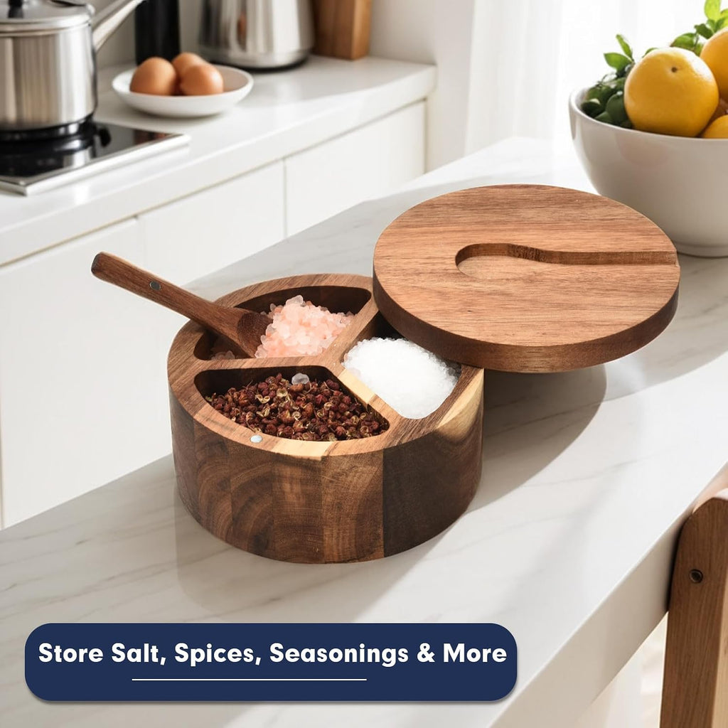 Wood Salt and Pepper Box, 3 Compartment Salt and Pepper Cellar With Lid and Spoon,Spice Condiment Container Countertop