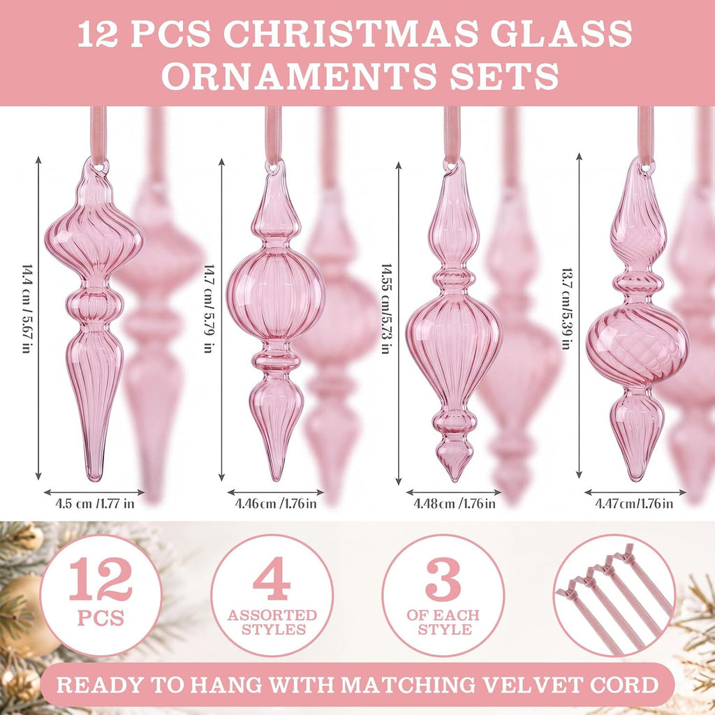Vintage Glass Finial Christmas Ornaments, Pink - Set of 12