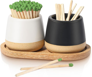 Ceramic Match Holder with Striker - Match Container With Wooden Tray Matchstick Holder Bathroom Candle - Set of 2