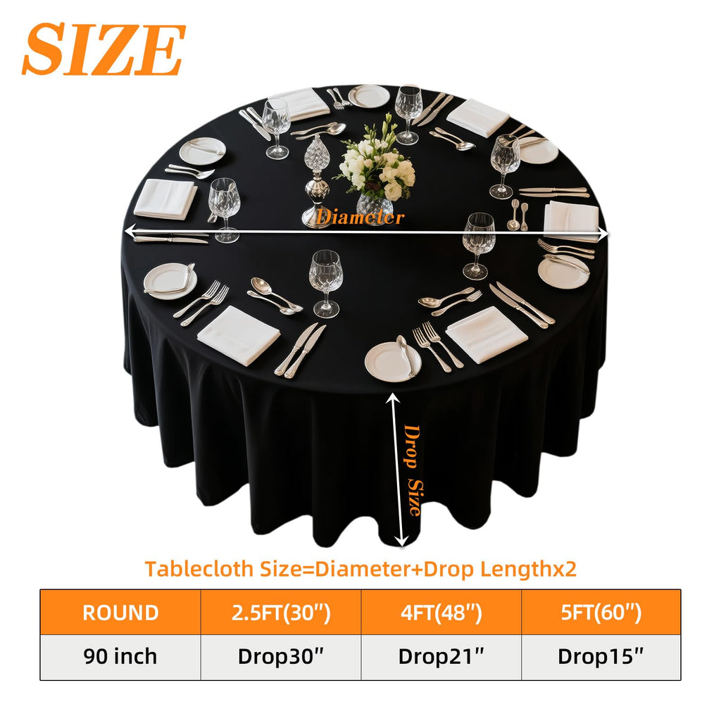 6 Pack Round Table Cloth 90 Inch Black Cloth Fit 5FT Round Table