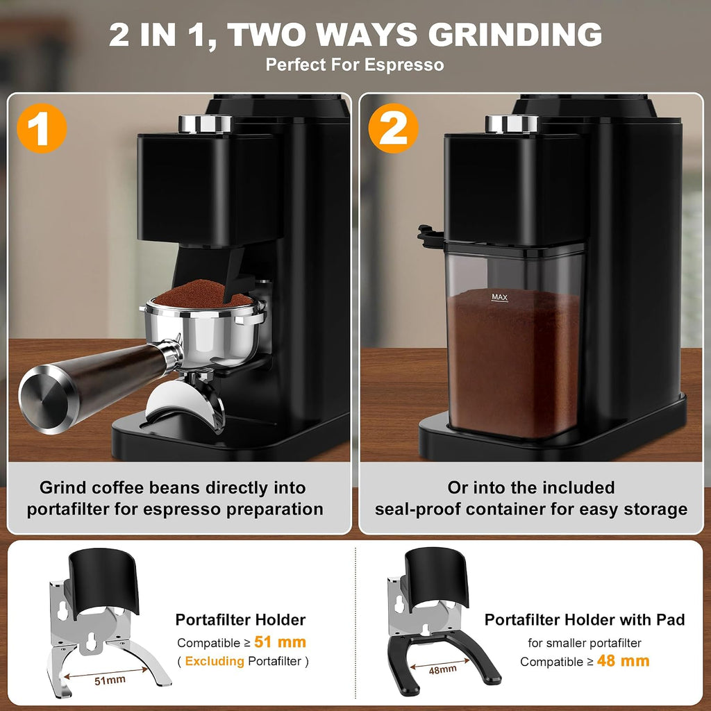 Electric Conical Burr Coffee Grinder with Portafilter Holder, Black | 48 Grind Settings, 35s Timer, Anti-Static, Easy