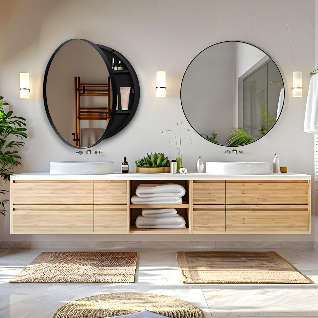 30 x 30 Inch Round Medicine Cabinet with Mirror, Surface Mount Only, Black Metal Frame Bathroom Mirror Cabinet
