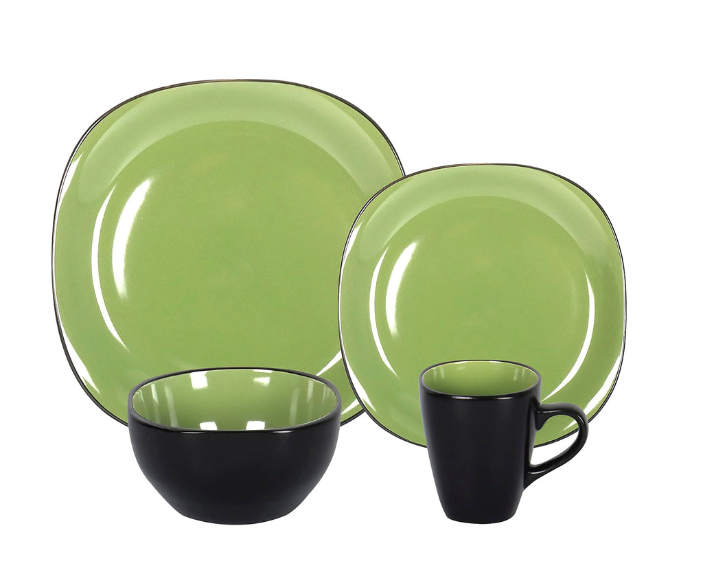 Stoneware Square 16pc Dinnerware Set, Inside Siny Green and Outside Matte Black