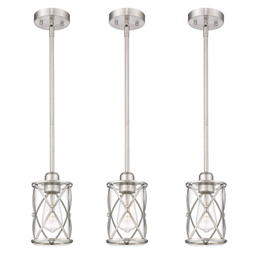 Brushed Nickel Pendant Lights Kitchen Island 3 Pack, Glass Kitchen Pendant Lighting Over Island with Rod, Modern Mini