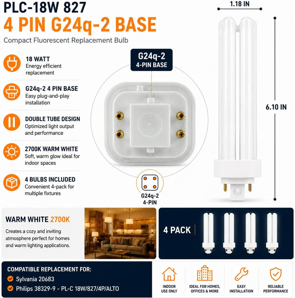 827 CFL Bulb G24q-2 4 Pin 18W 2700K Warm White Plug in 4 Pk