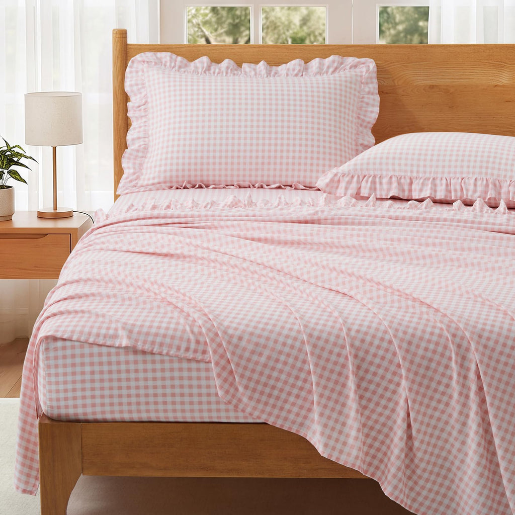 Gingham Ruffle Queen Sheet Set, Light Pink Microfiber Plaid Bed Sheets