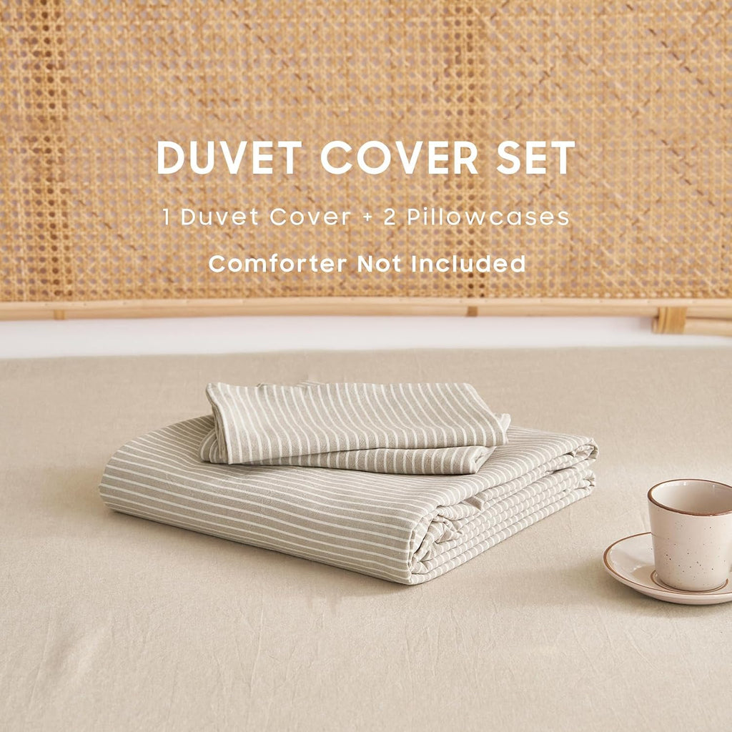 Striped Cotton Duvet Cover Set, 100% Washed Cotton Textured Bedding Set, Ticking Stripe Pinstripe Farmhouse, 3