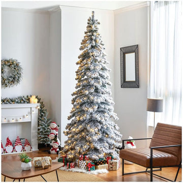 Flocked Christmas Tree PreLit Artificial Tree with 500 Warm White Lights Slim Elegant Snowfall Layered Spruce