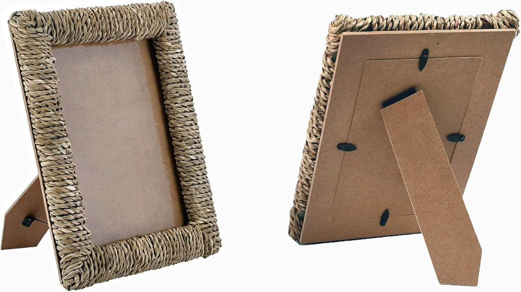 2 Pack 5x7 Boho Rattan Picture Frame, Handwoven Seagrass Woven Photo Frame with Acrylic Glass, Rustic Tabletop Frame