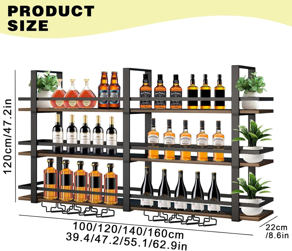 Wine Rack Wall Mounted with LED Lights, 3 Tier Metal Liquor Floating Display Shelves, with Wine Glass Rack, Iron &