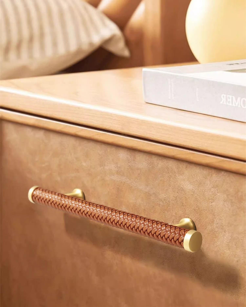 7.55" Black Braid Leather Drawer Pulls Handles Brushed Brass Cabinet Pulls Handles Unique Dresser Knob (Orange